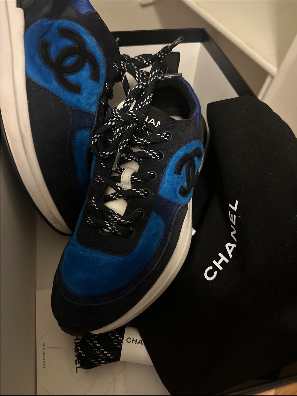 CHANEL Men's Blue and Black Suede Logo Sneakers